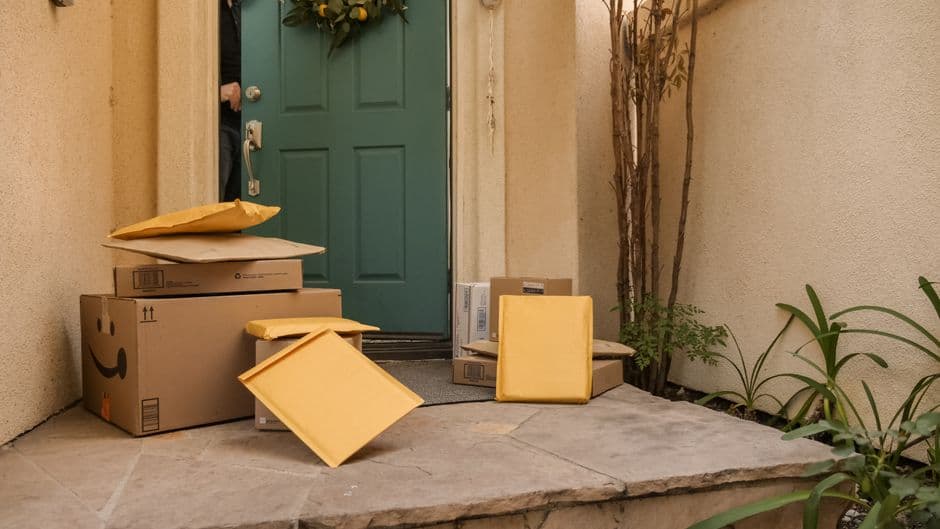Delivery parcels stacked at a front door on a porch