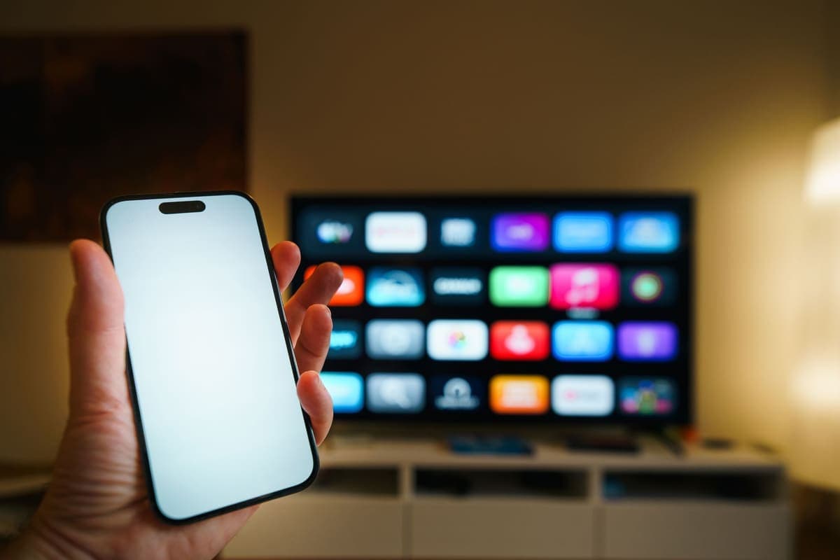 Smartphone in focus with a smart TV displaying streaming apps in a living room